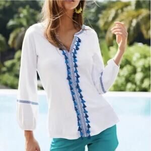 Boden Split Neck Tassel Front Embroidered Tunic Boho Top White Blue Medium